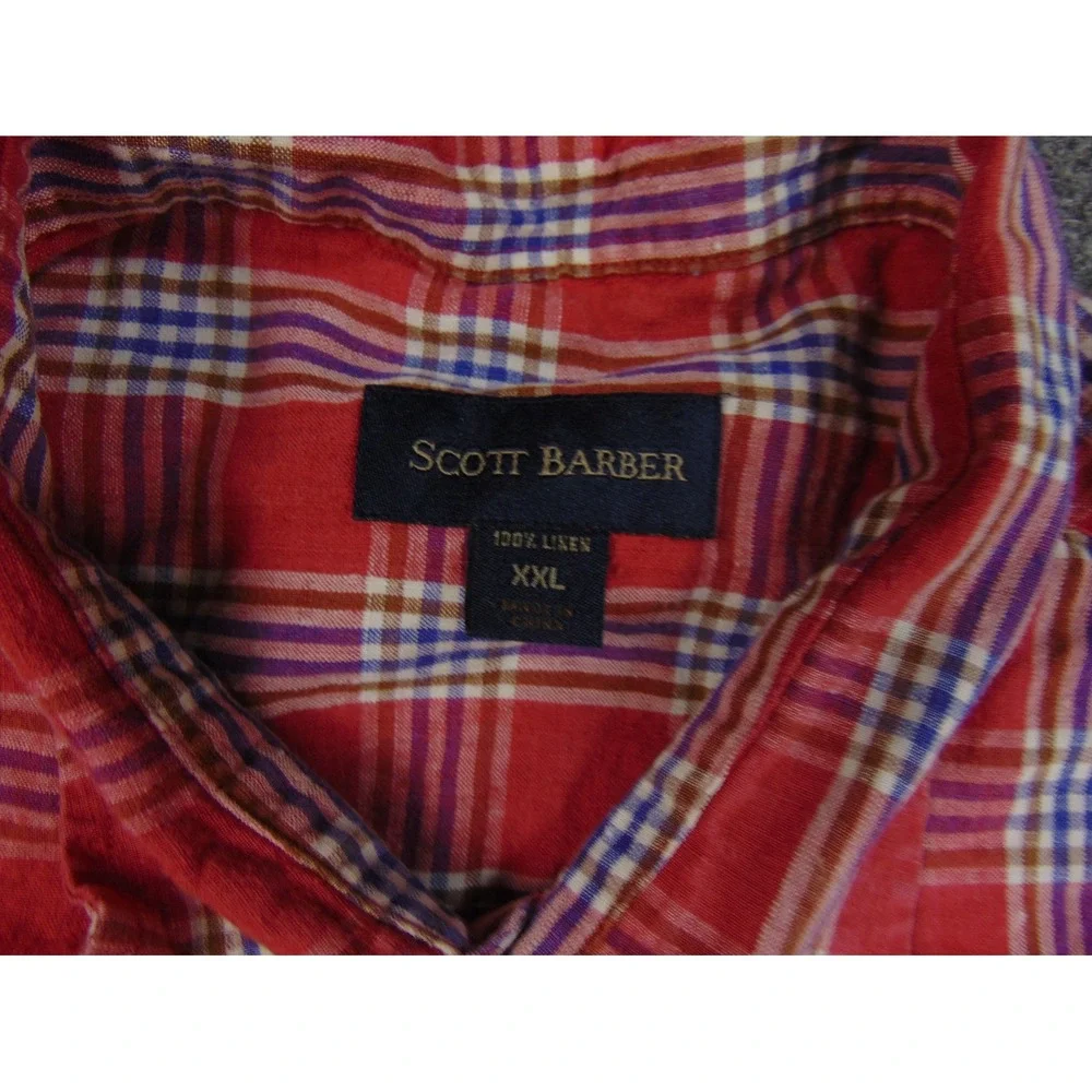 Scott Barber Shirt Mens 2XL Short Sleeve Red Plaid 100% Linen Button Up Summer‎